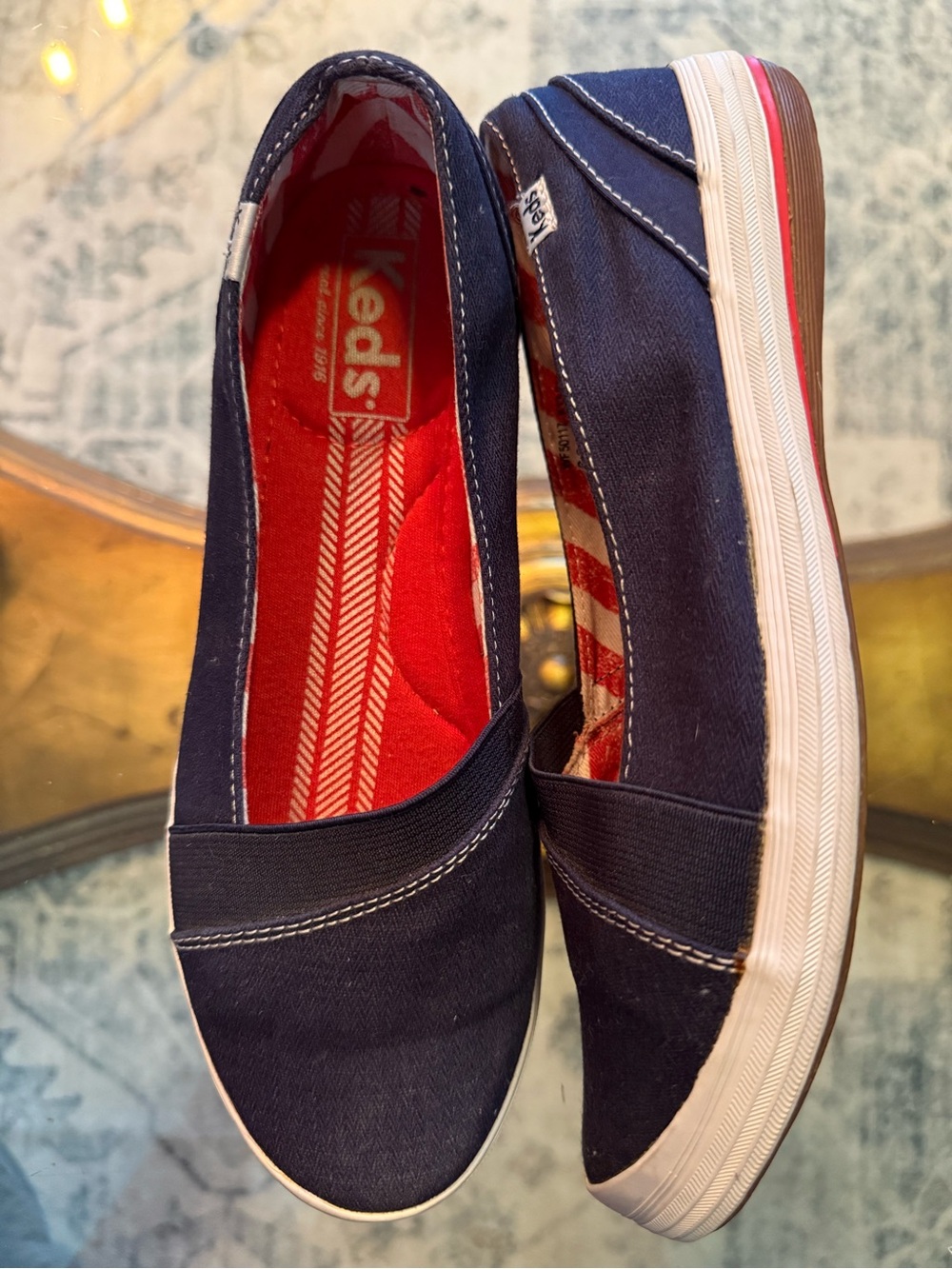 Keds Navy Canvas Slip-On Sneakers w/Red Insole Preppy Nautical